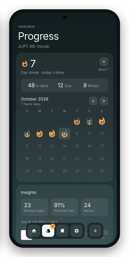 Progress screen with a 7 day streak and a flame calendar